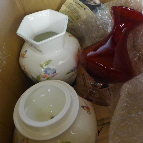 2141 - Box of frog related misc., includes a 1969 original signed piece & box of crockery