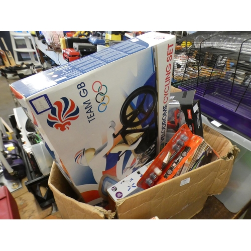 2160 - Box of assorted toys inc. Team GB Scalextric cycling set, 2 Airfix models, robot kit, etc.