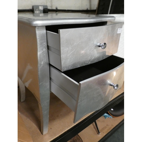 3060 - Silver high gloss two drawer bedside table (61cm H x 48cm W x 39cm D) * This lot is subject to VAT