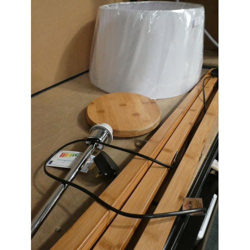 3067 - Wooden tripod standard lamp with white shade * This lot is subject to VAT