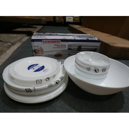 3107 - Two Leifeit wall-mounted plastic wrap dispensers and a Luminarc plate set * This lot is subject to V... 