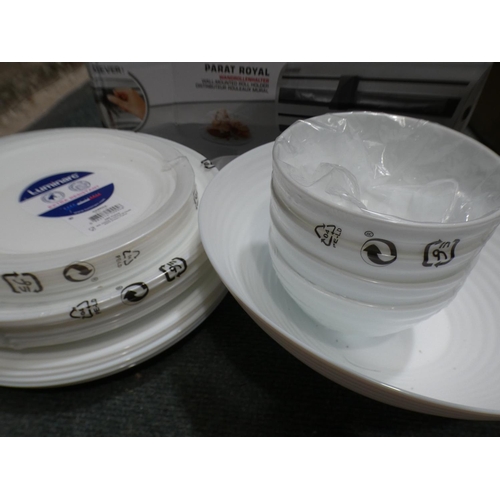 3107 - Two Leifeit wall-mounted plastic wrap dispensers and a Luminarc plate set * This lot is subject to V... 