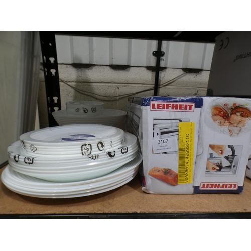 3107 - Two Leifeit wall-mounted plastic wrap dispensers and a Luminarc plate set * This lot is subject to V... 