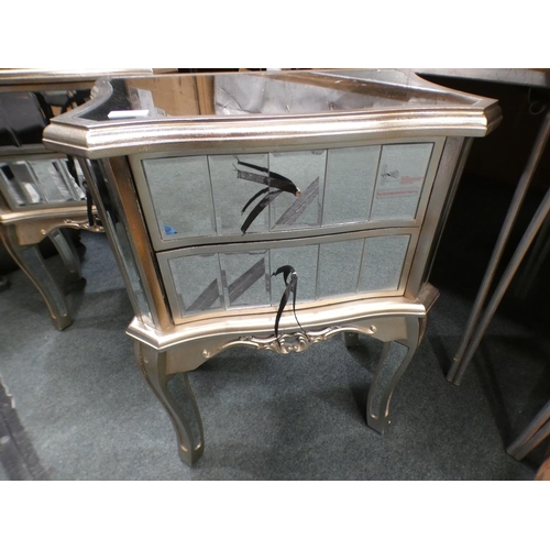 3159 - Ornate mirrored silver printed two drawer bedside table * This lot is subject to VAT