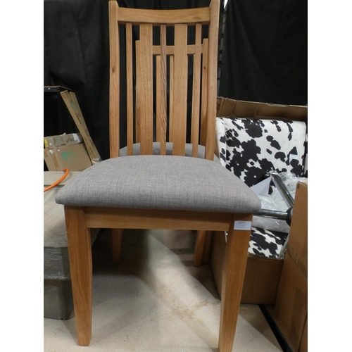 3171 - 2 High back wooden dining chairs in grey fabric seats * This lot is subject to VAT