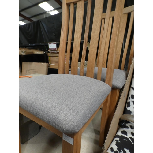 3171 - 2 High back wooden dining chairs in grey fabric seats * This lot is subject to VAT