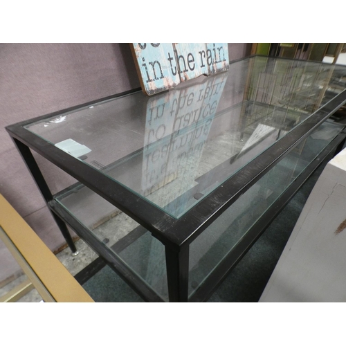 3292 - Black metal and glass two tier coffee table (45cm H x 110cm W x 50cm D) * This lot is subject to VAT