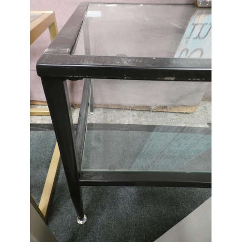 3292 - Black metal and glass two tier coffee table (45cm H x 110cm W x 50cm D) * This lot is subject to VAT