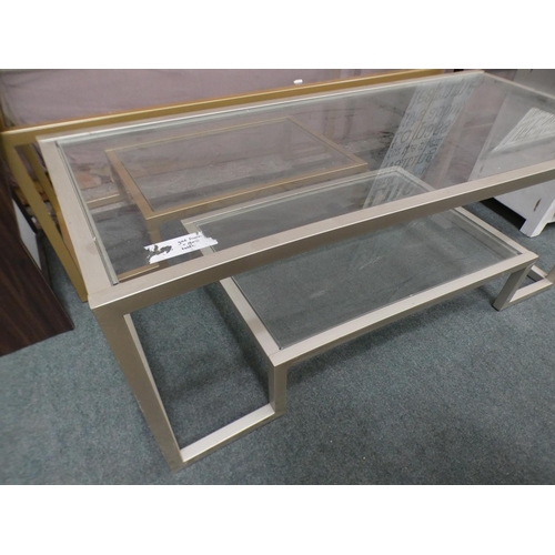 3295 - Metal and glass geometric two tier coffee table (43cm H x 114cm W x 51cm D) * This lot is subject to... 