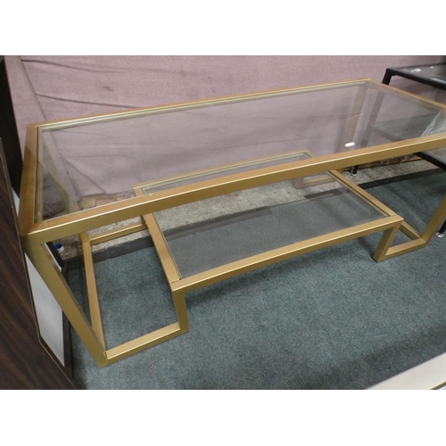 3296 - Gilt effect and glass geometric two tier coffee table (43cm H x 114cm W x 51cm D) * This lot is subj... 