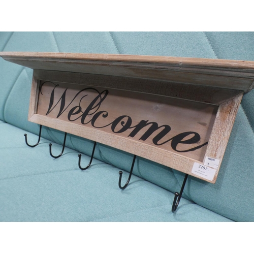 3297 - Washed effect five hook 'Welcome' wall mounted shelf & coat rack (26 x 61cm)