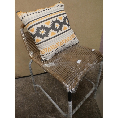 3327 - Black metal and brown woven material barstool with Aztec patterned outdoor cushion (86cm tall)