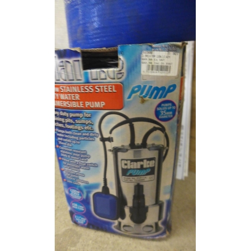 2211 - Clarke sub pump - boxed and unused, quantity of tile trim with blue safety barrier and exit sign * T... 