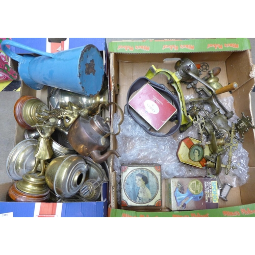 1194 - Two boxes of metalwares including two brass figures of musicians, Spong mincers, copper kettle, tins... 