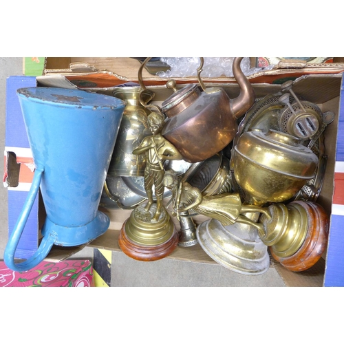 1194 - Two boxes of metalwares including two brass figures of musicians, Spong mincers, copper kettle, tins... 