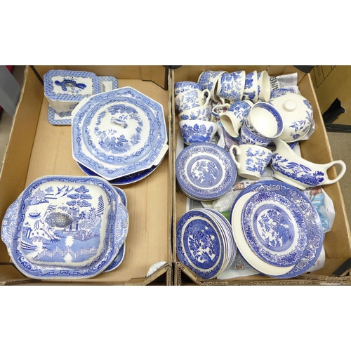 1196 - Two boxes of blue and white Willow pattern china, including tureens, cups, saucers, bowls, etc. **PL... 