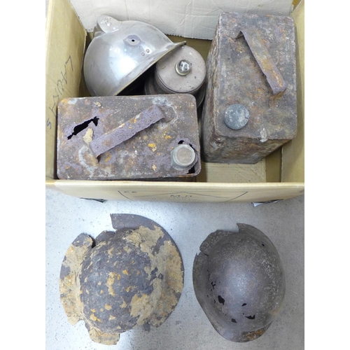 1197 - Two WWI helmets, (battlefield finds) two fuel cans, a/f, fireman's helmet, etc. **PLEASE NOTE THIS L... 