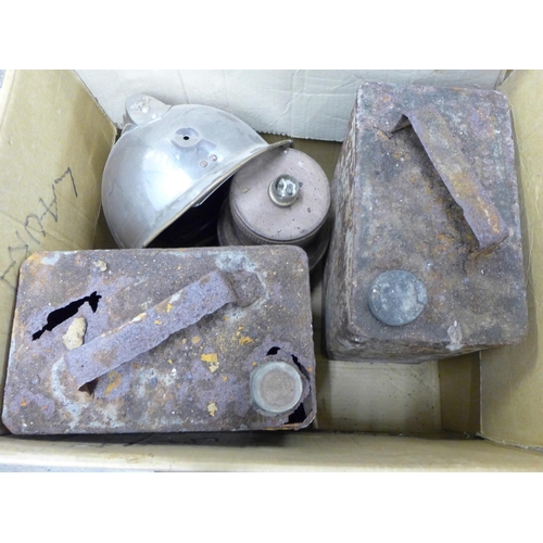 1197 - Two WWI helmets, (battlefield finds) two fuel cans, a/f, fireman's helmet, etc. **PLEASE NOTE THIS L... 