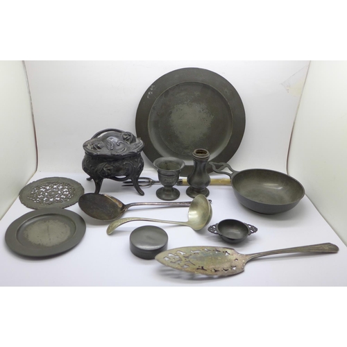 670 - A collection of pewter and silver plated items, dishes, plates, casket, etc.