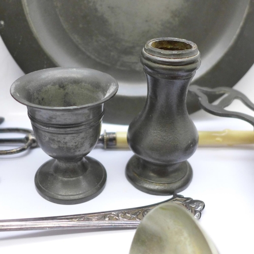 670 - A collection of pewter and silver plated items, dishes, plates, casket, etc.