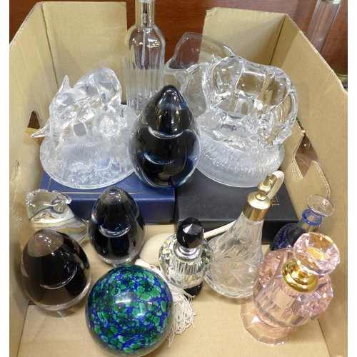 673 - Perfume bottles and paperweights including a small Kosta Boda vase