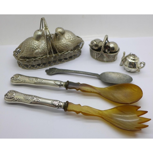 683 - A silver plated birds in basket cruet set, apple and pear in basket cruet set, tea pot and salad ser... 