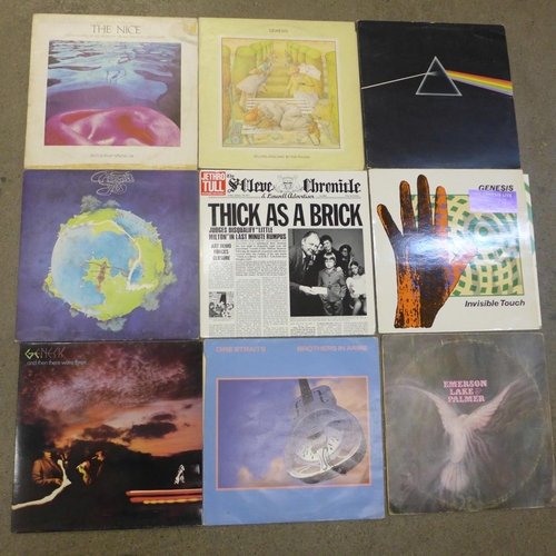 697 - A collection of twelve LP records, Pink Floyd Dark Side of the Moon, The Nice, Genesis, Yes, ELP, et... 