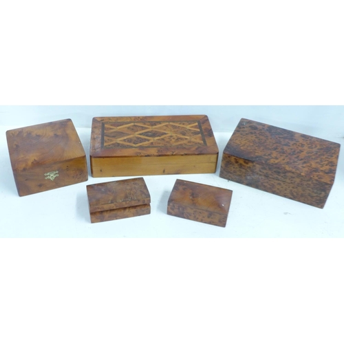 714 - Five Thuya wood trinket boxes including one with marquetry top, one a/f