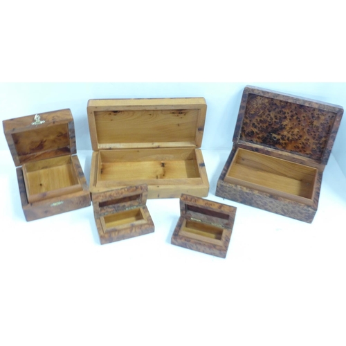 714 - Five Thuya wood trinket boxes including one with marquetry top, one a/f