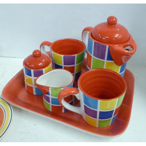 752 - Whittards of Chelsea two person coffee set with tray, a spotty teapot with strainer, two espresso cu... 