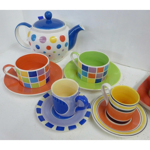 752 - Whittards of Chelsea two person coffee set with tray, a spotty teapot with strainer, two espresso cu... 