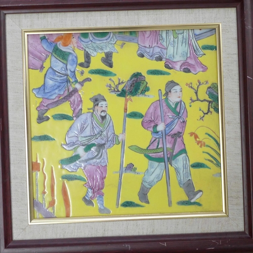 815 - Four framed Chinese porcelain tiles, largest 27cm x 43cm, largest a/f