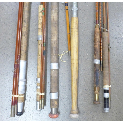 841 - A collection of five vintage fishing rods including split cane