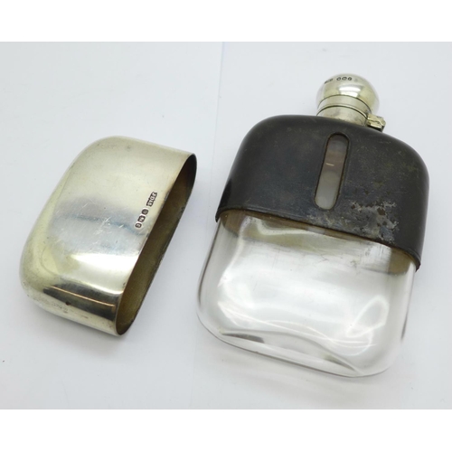 853 - A silver and leather mounted glass hip flask, Sheffield 1895, weight of cup 49g