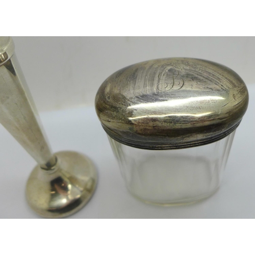 855 - A silver topped glass jar and a modern silver specimen vase, vase 15cm