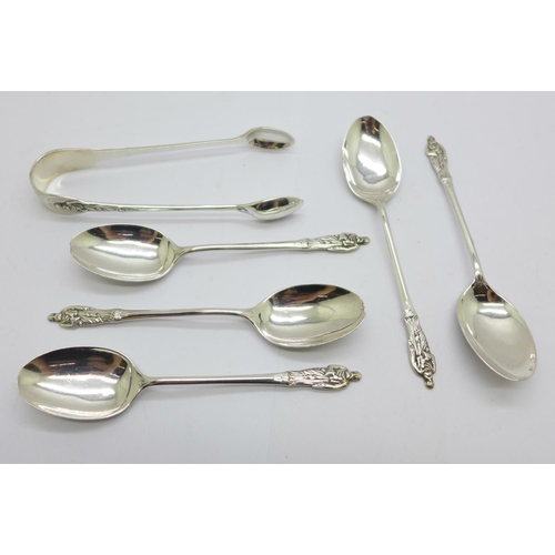 860 - Five silver apostle spoons and a pair of silver sugar tongs, 65g