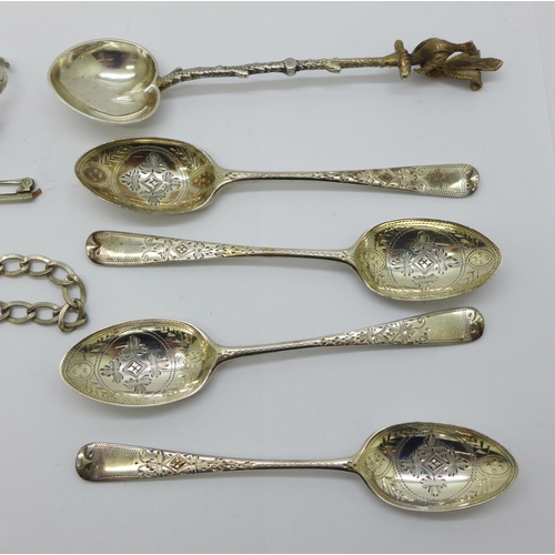 868 - A set of six Victorian silver coffee spoons, London 1895, 62g,  a small 925 silver funnel, a silver ... 