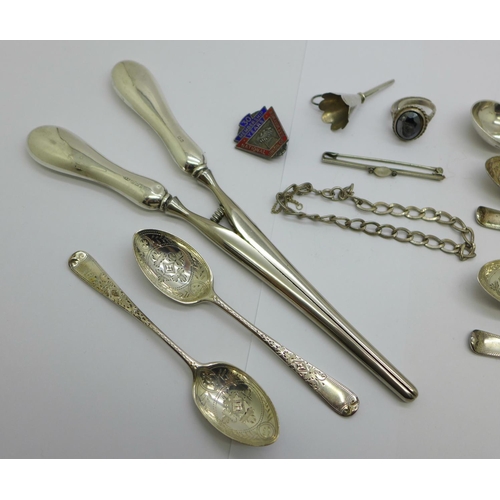 868 - A set of six Victorian silver coffee spoons, London 1895, 62g,  a small 925 silver funnel, a silver ... 