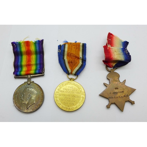 879 - A trio of WWI medals with ribbons to Cpl F. Henderson 10th F. AMB-S.A.M.C.