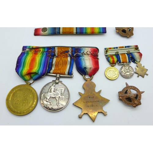 883 - A trio of WWI medals, to 8094 Lance Cpl. A. Dench 1/West Yorkshire Regt including 1914 Mons Star wit... 