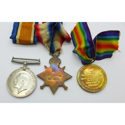 890 - Three WWI medals; Star to RFM P.A. Opperman 3rd. S.A.M.R.; Victory medal to Pte. O.B. Keel 4th M.R. ... 