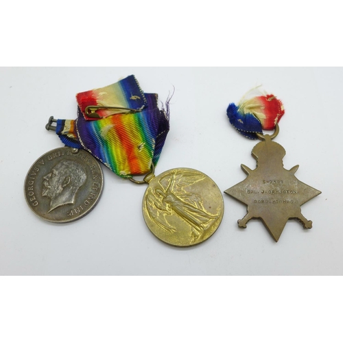 896 - A trio of WWI medals to S-2199 Sjt. J. Ormiston, Gordons, the Star marked Cpl. and Gord. Highrs.