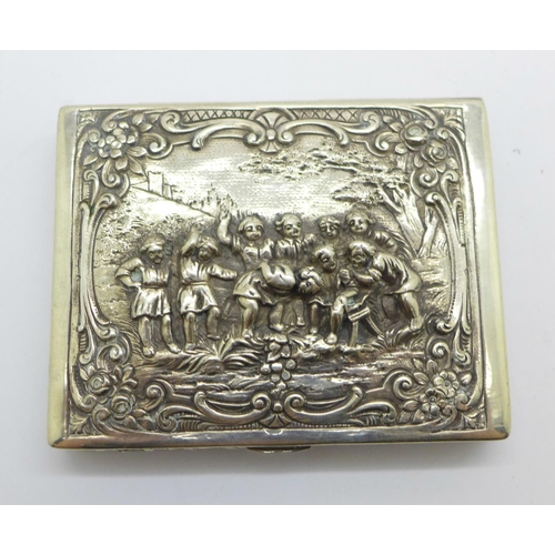 901 - A German 800 silver box with group scene and gilt interior, Adam Manns & Sohn, marked AMD and Fleiss... 