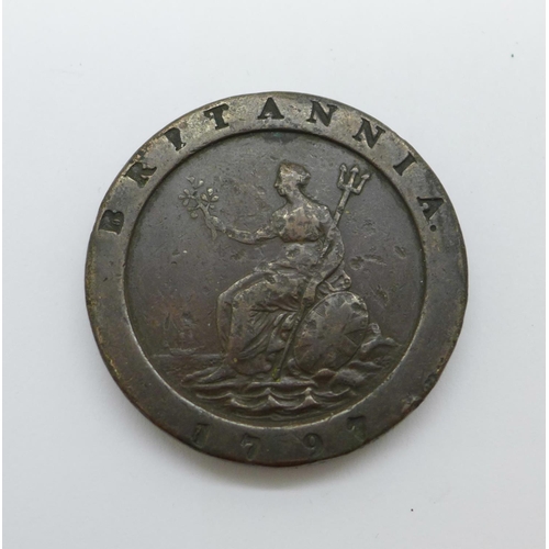 913 - A 1797 Britannia cartwheel two penny coin