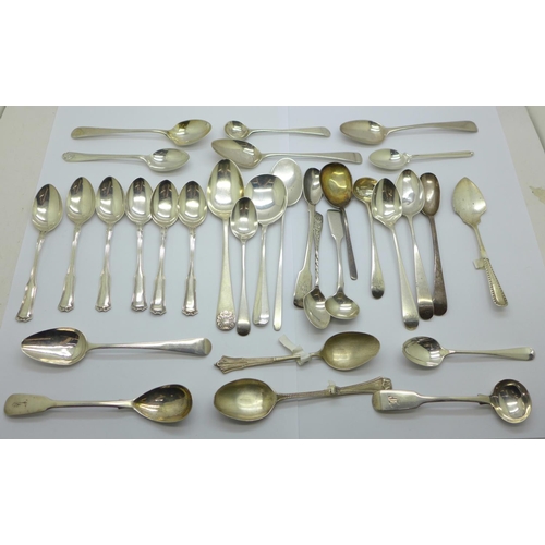 935 - A collection of silver spoons including a set of six teaspoons and 19th Century, 392g