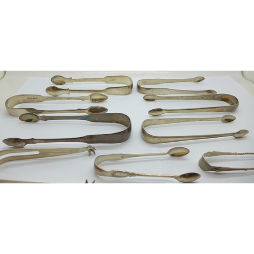 937 - Ten pairs of silver sugar tongs, 284g, and one plated pair