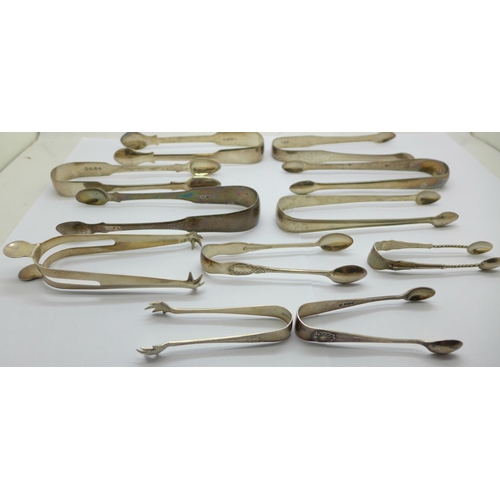 937 - Ten pairs of silver sugar tongs, 284g, and one plated pair