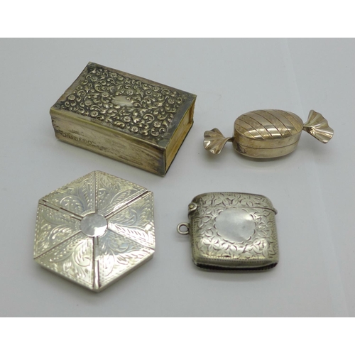 939 - Two hallmarked silver pill boxes including one hexagonal shaped and with six compartments, a plated ... 