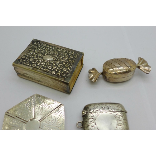 939 - Two hallmarked silver pill boxes including one hexagonal shaped and with six compartments, a plated ... 