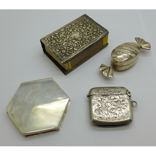 939 - Two hallmarked silver pill boxes including one hexagonal shaped and with six compartments, a plated ... 